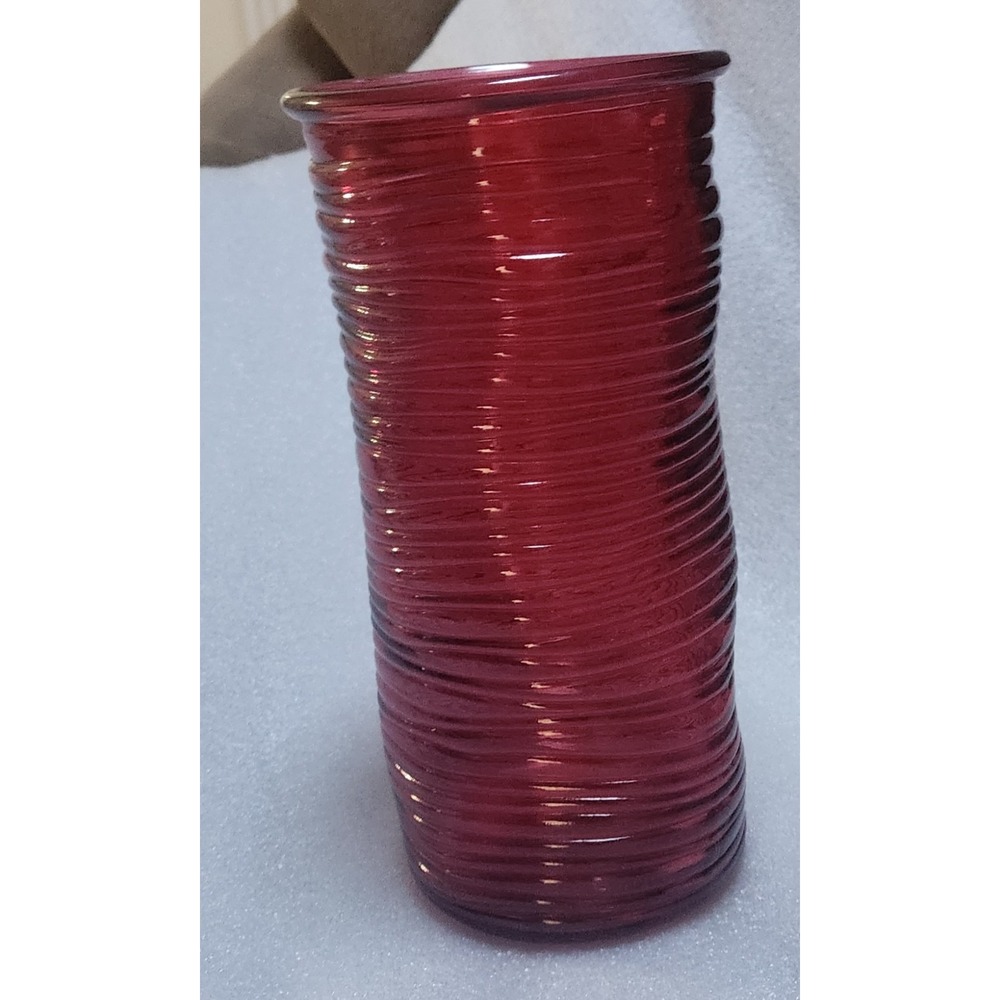 Vintage Red Pressed Pinched Glass Cylinder Flower Vase Mid Century Modern